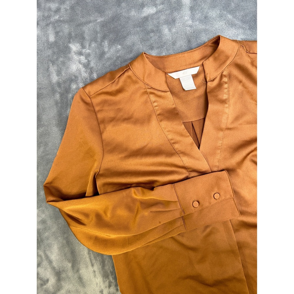 HM Womens Cognac Copper Satin V-Neck Blouse Long Sleeve Size 2 Office Career Top